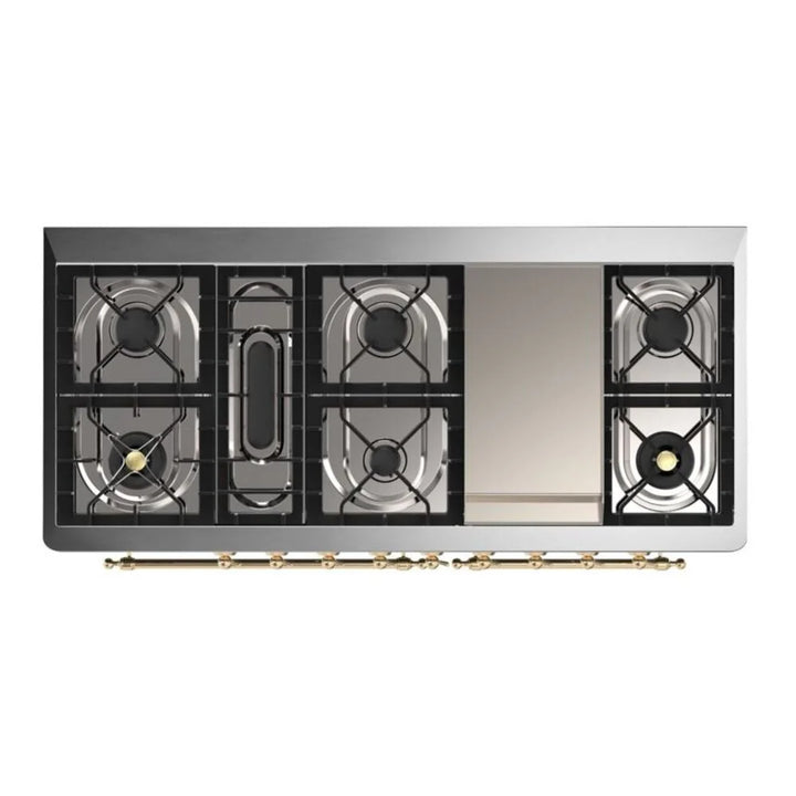 ILVE Majestic II 60" Dual Fuel Freestanding Range in White with Brass Trim, UM15FDNS3WHG
