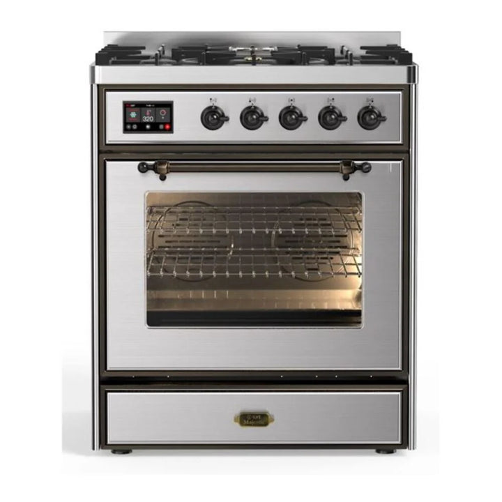ILVE Majestic II 30" Dual Fuel Freestanding Range in Stainless Steel with Burnished Trim, UM30DNE3SSB
