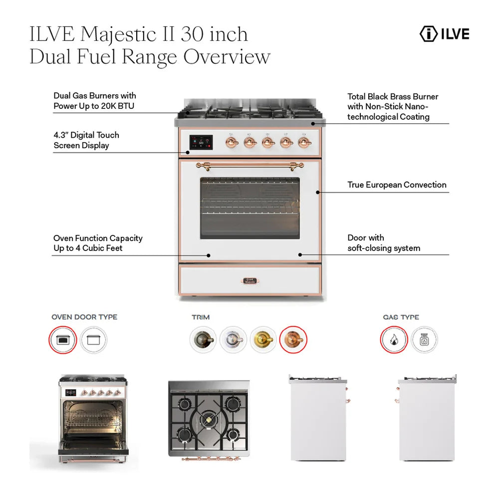 ILVE Majestic II 30" Dual Fuel Freestanding Range in Stainless Steel with Burnished Trim, UM30DNE3SSB