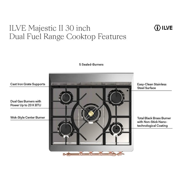 ILVE Majestic II 30" Dual Fuel Freestanding Range in Stainless Steel with Burnished Trim, UM30DNE3SSB