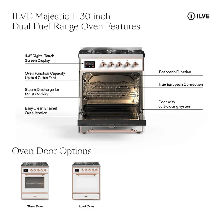 ILVE Majestic II 30" Dual Fuel Freestanding Range in White with Brass Trim, UM30DNE3WHG