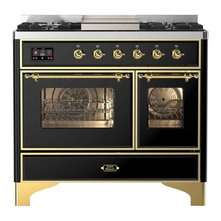 ILVE Majestic II 40" Dual Fuel Freestanding Range in Glossy Black with Brass Trim, UMD10FDNS3BKG