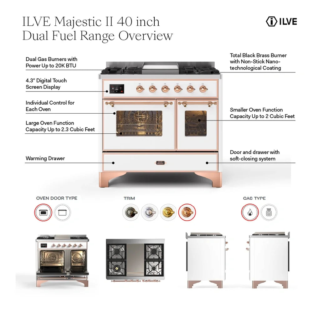 ILVE Majestic II 40" Dual Fuel Freestanding Range in Glossy Black with Brass Trim, UMD10FDNS3BKG