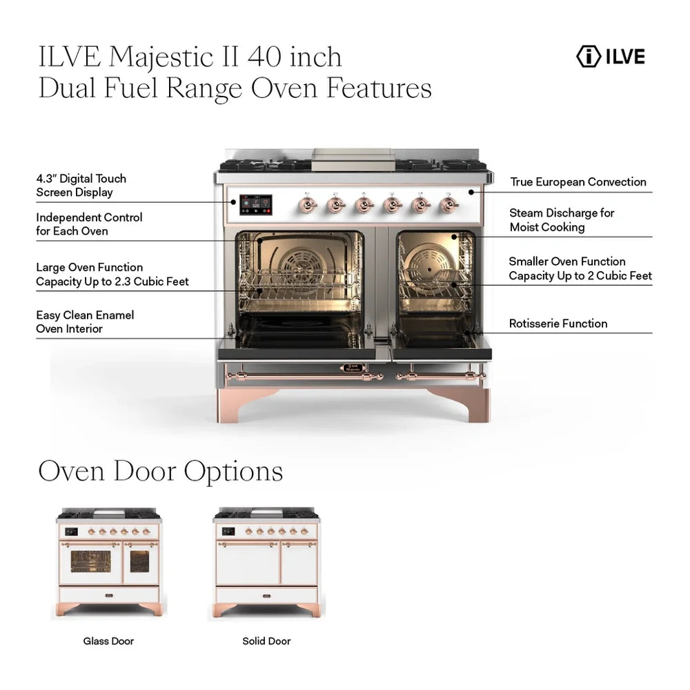 ILVE Majestic II 40" Dual Fuel Freestanding Range in Glossy Black with Brass Trim, UMD10FDNS3BKG