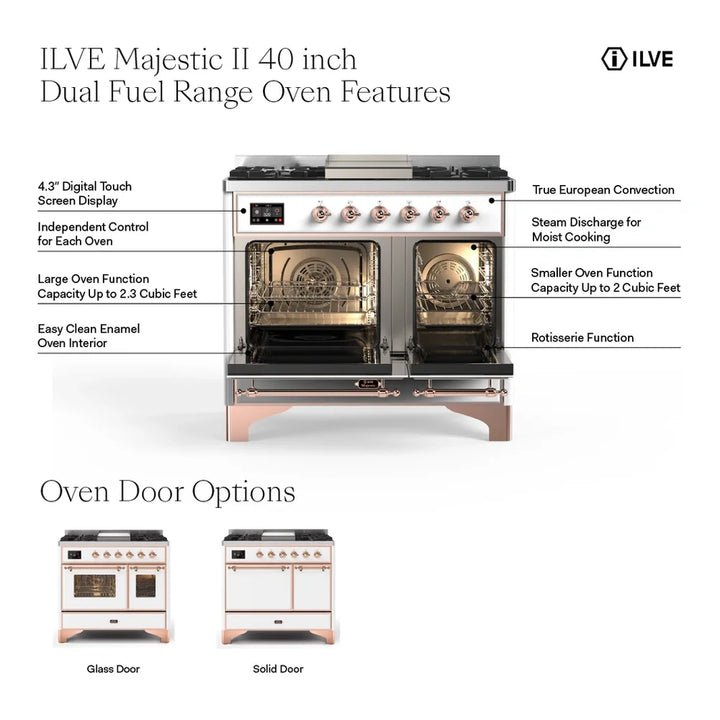 ILVE Majestic II 40" Dual Fuel Freestanding Range in Glossy Black with Brass Trim, UMD10FDNS3BKG