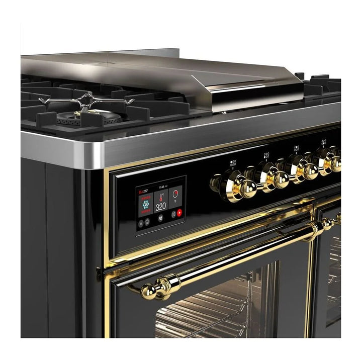 ILVE Majestic II 40" Dual Fuel Freestanding Range in Glossy Black with Brass Trim, UMD10FDNS3BKG