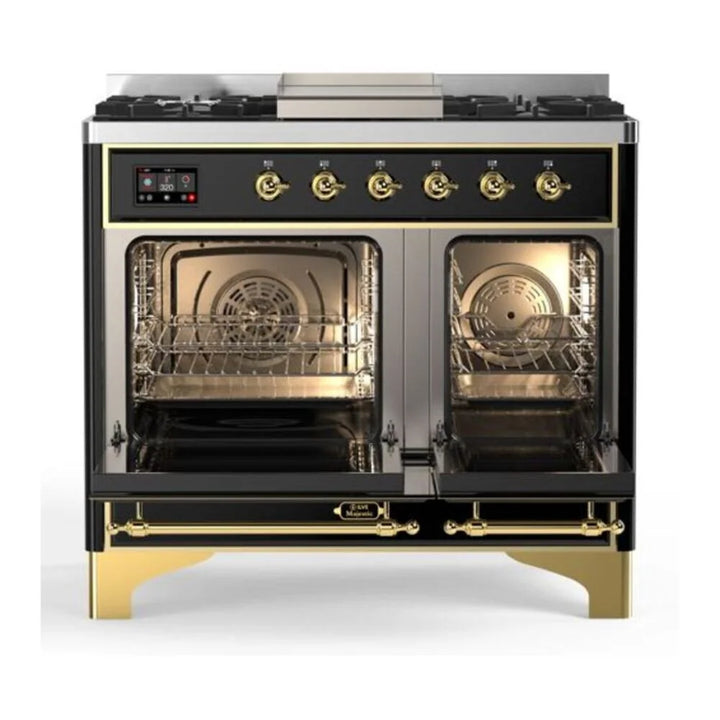 ILVE Majestic II 40" Dual Fuel Freestanding Range in Glossy Black with Brass Trim, UMD10FDNS3BKG