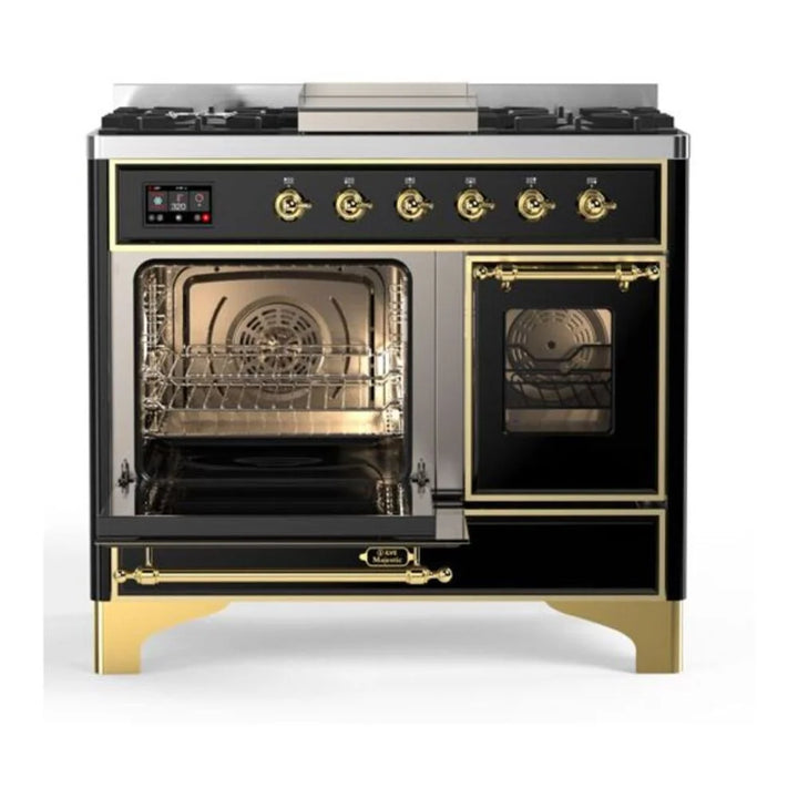 ILVE Majestic II 40" Dual Fuel Freestanding Range in Glossy Black with Brass Trim, UMD10FDNS3BKG