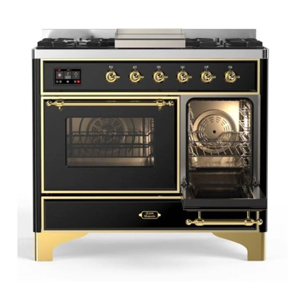 ILVE Majestic II 40" Dual Fuel Freestanding Range in Glossy Black with Brass Trim, UMD10FDNS3BKG