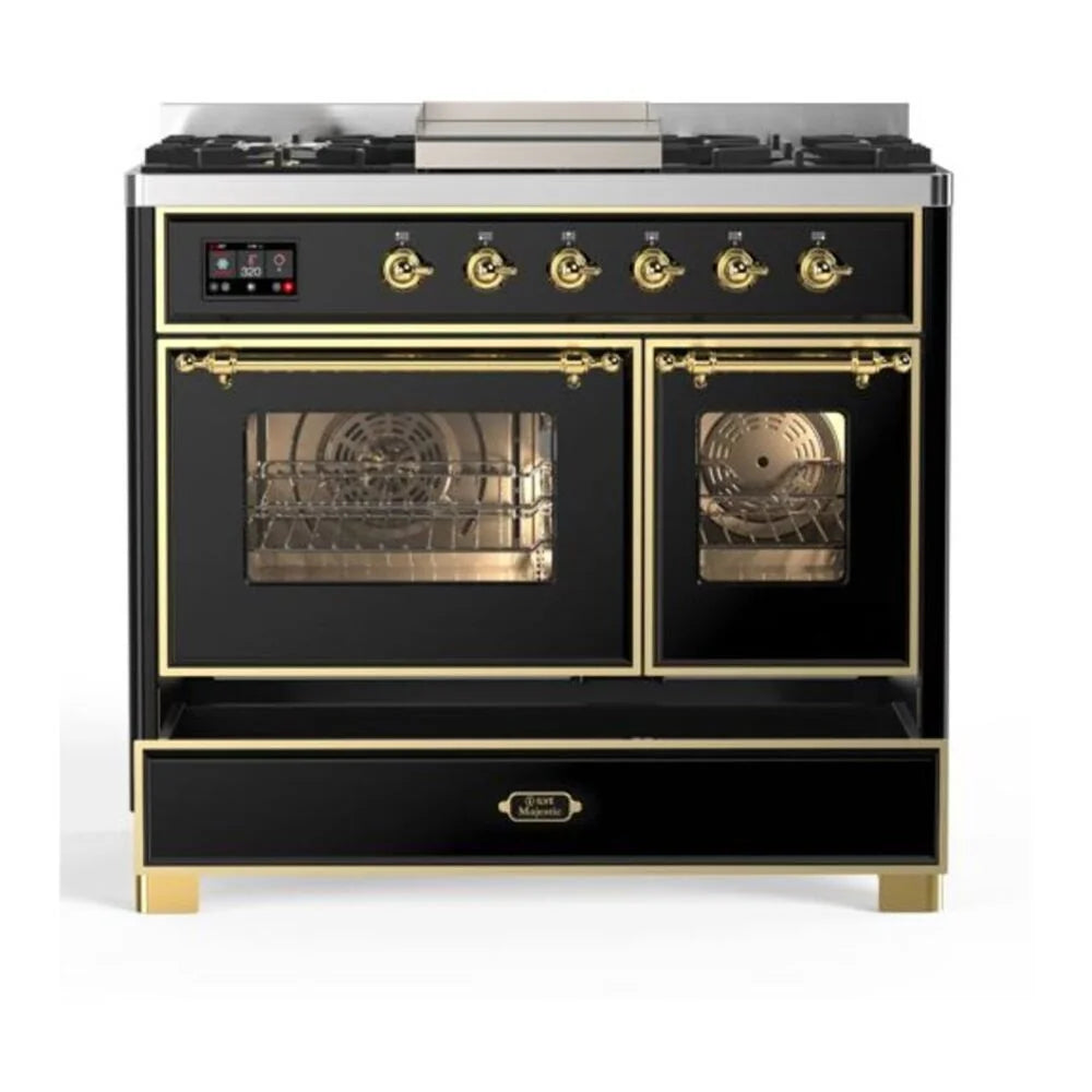 ILVE Majestic II 40" Dual Fuel Freestanding Range in Glossy Black with Brass Trim, UMD10FDNS3BKG