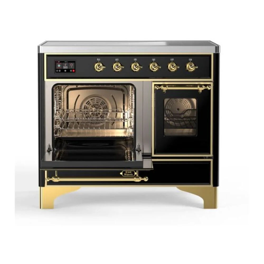 ILVE Majestic II 40" Induction Freestanding Range in Glossy Black with Brass Trim, UMDI10NS3BKG