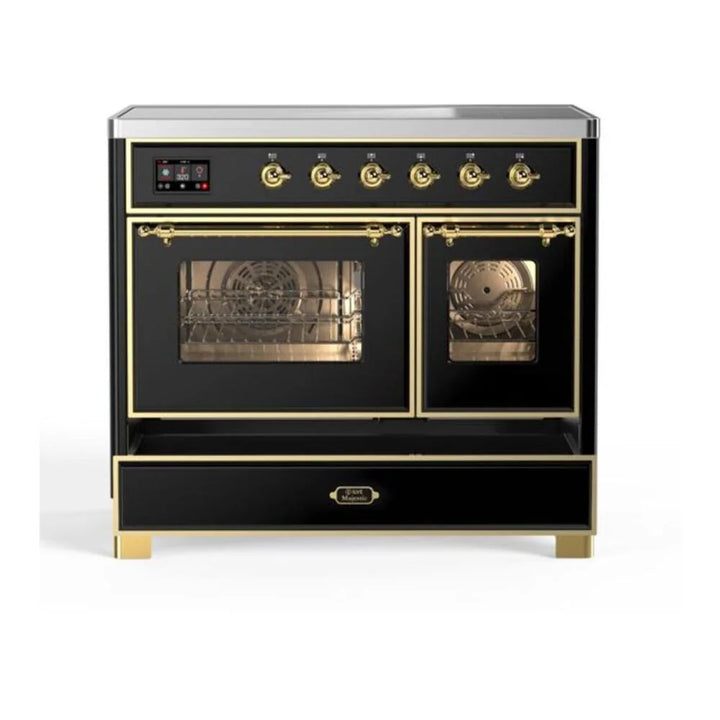 ILVE Majestic II 40" Induction Freestanding Range in Glossy Black with Brass Trim, UMDI10NS3BKG