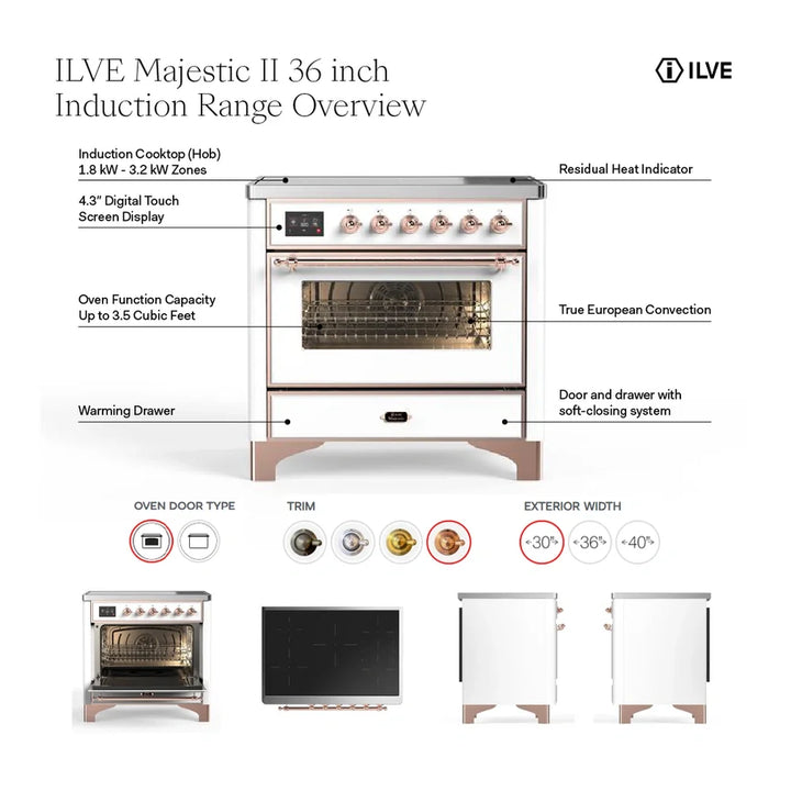ILVE Majestic II 36" Induction Freestanding Range in White with Brass Trim, UMI09NS3WHG