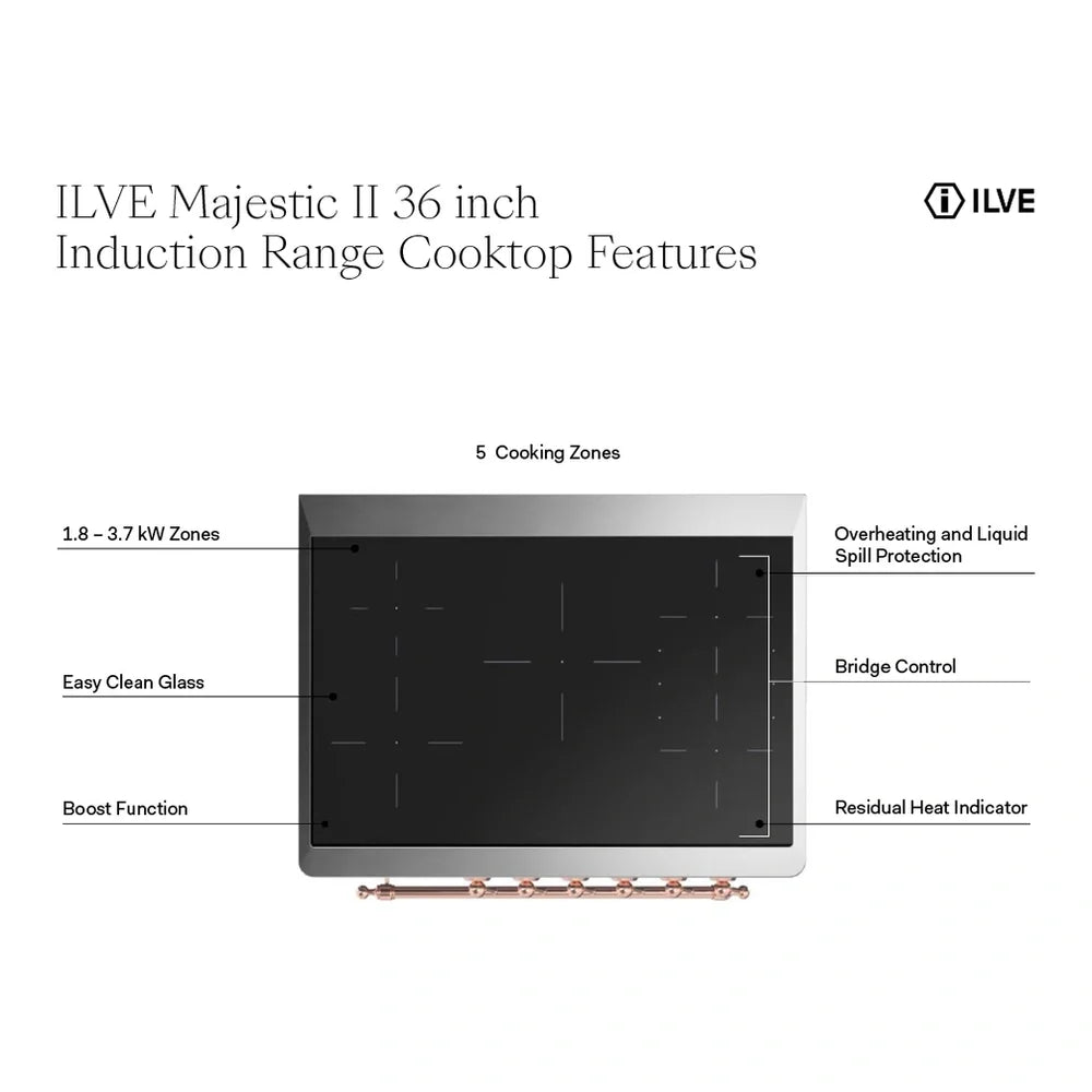 ILVE Majestic II 36" Induction Freestanding Range in White with Brass Trim, UMI09NS3WHG