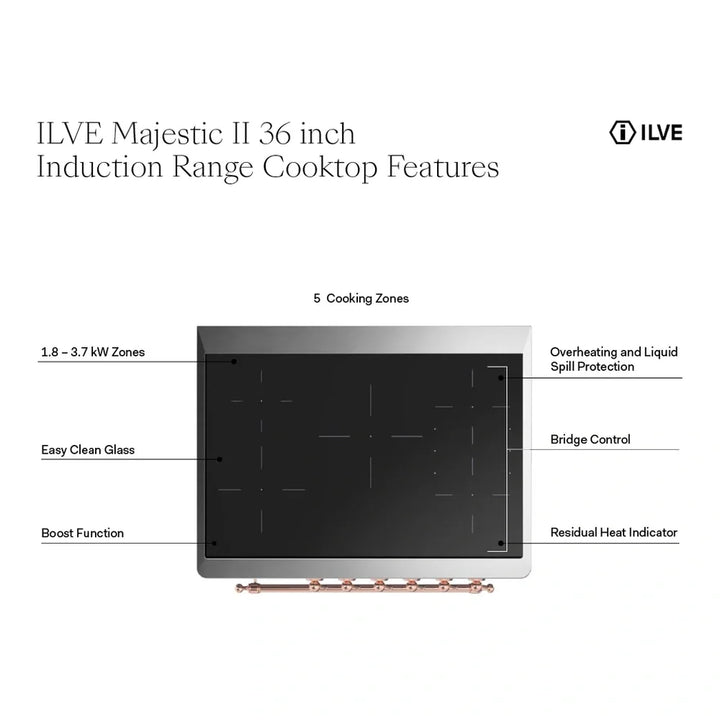 ILVE Majestic II 36" Induction Freestanding Range in White with Brass Trim, UMI09NS3WHG