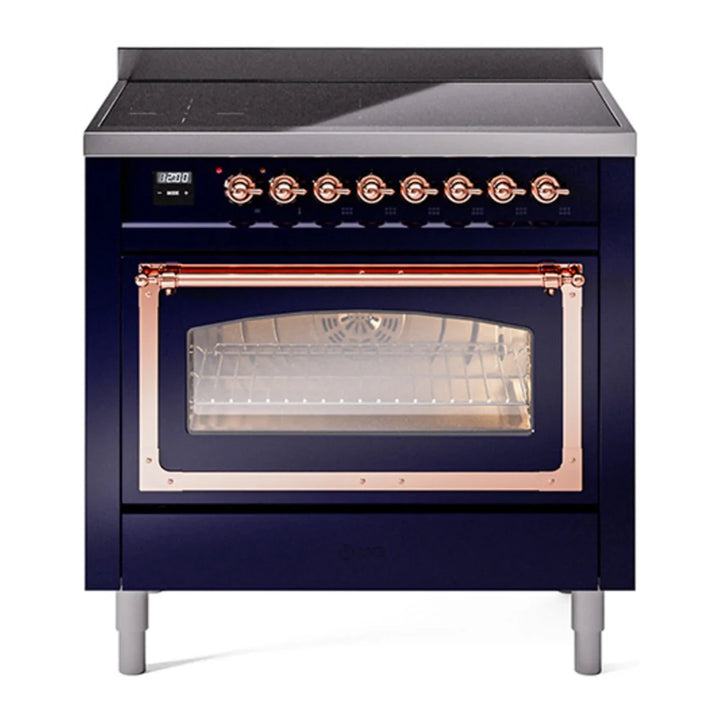 ILVE Nostalgie II Noblesse 36" Induction Freestanding Range in Midnight Blue with Copper Trim, UNI366NMPMBP