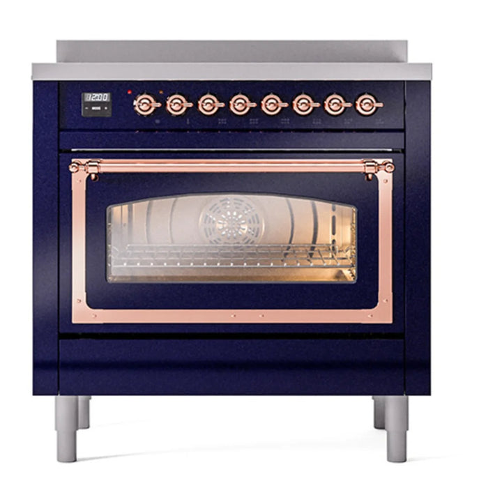 ILVE Nostalgie II Noblesse 36" Induction Freestanding Range in Midnight Blue with Copper Trim, UNI366NMPMBP
