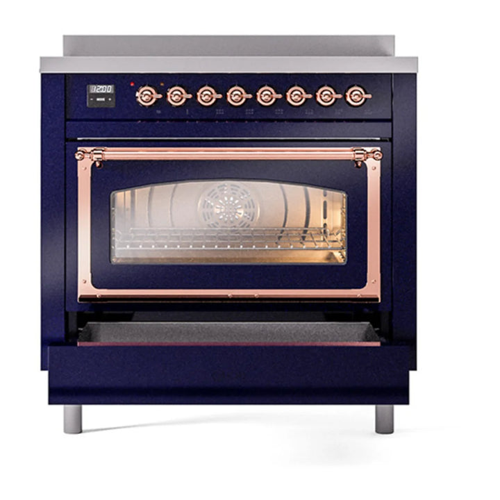 ILVE Nostalgie II Noblesse 36" Induction Freestanding Range in Midnight Blue with Copper Trim, UNI366NMPMBP
