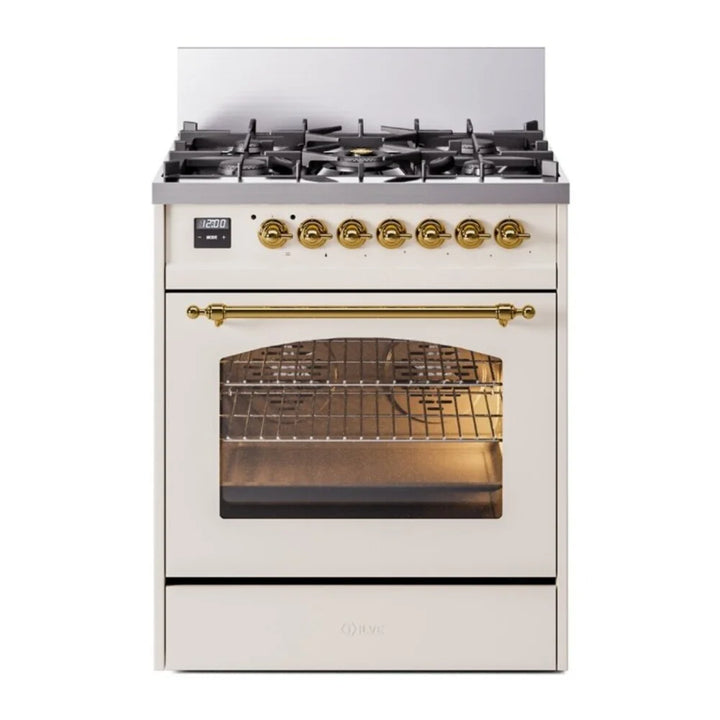 ILVE Nostalgie II 30" Dual Fuel Freestanding Range in Antique White with Brass Trim, UP30NMPAWG