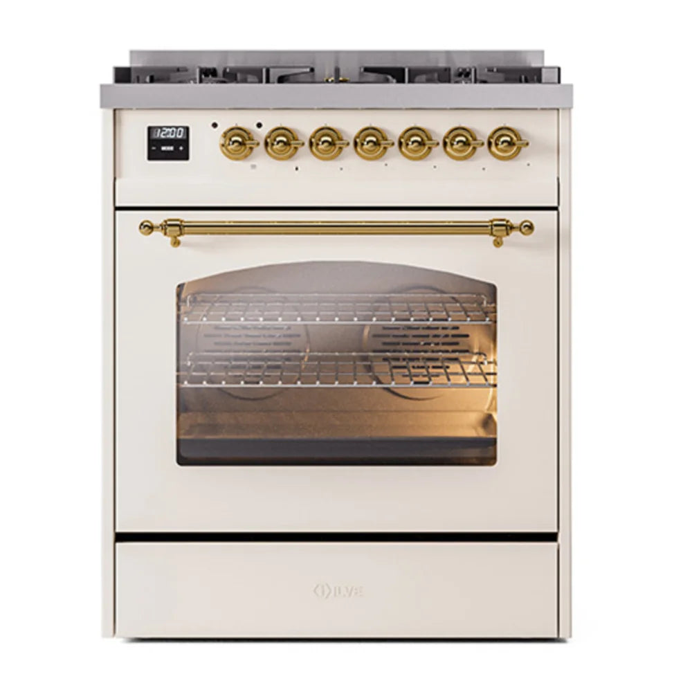ILVE Nostalgie II 30" Dual Fuel Freestanding Range in Antique White with Brass Trim, UP30NMPAWG