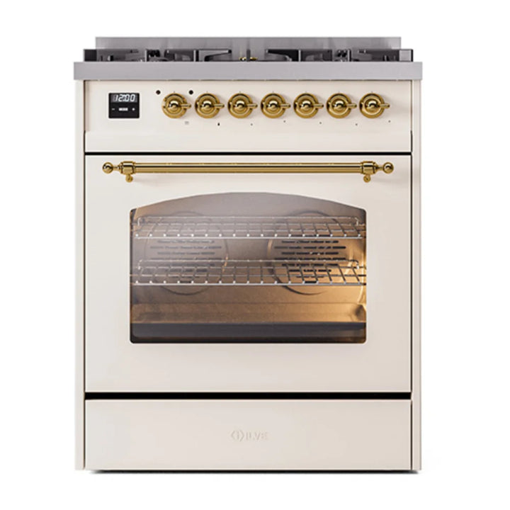 ILVE Nostalgie II 30" Dual Fuel Freestanding Range in Antique White with Brass Trim, UP30NMPAWG