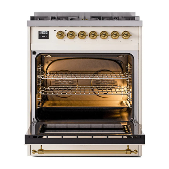 ILVE Nostalgie II 30" Dual Fuel Freestanding Range in Antique White with Brass Trim, UP30NMPAWG
