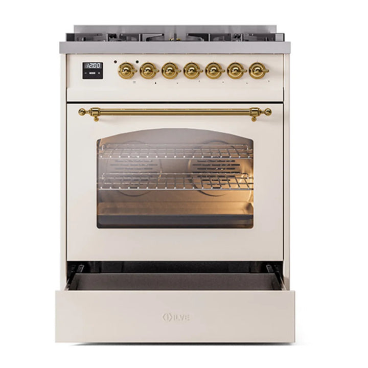 ILVE Nostalgie II 30" Dual Fuel Freestanding Range in Antique White with Brass Trim, UP30NMPAWG