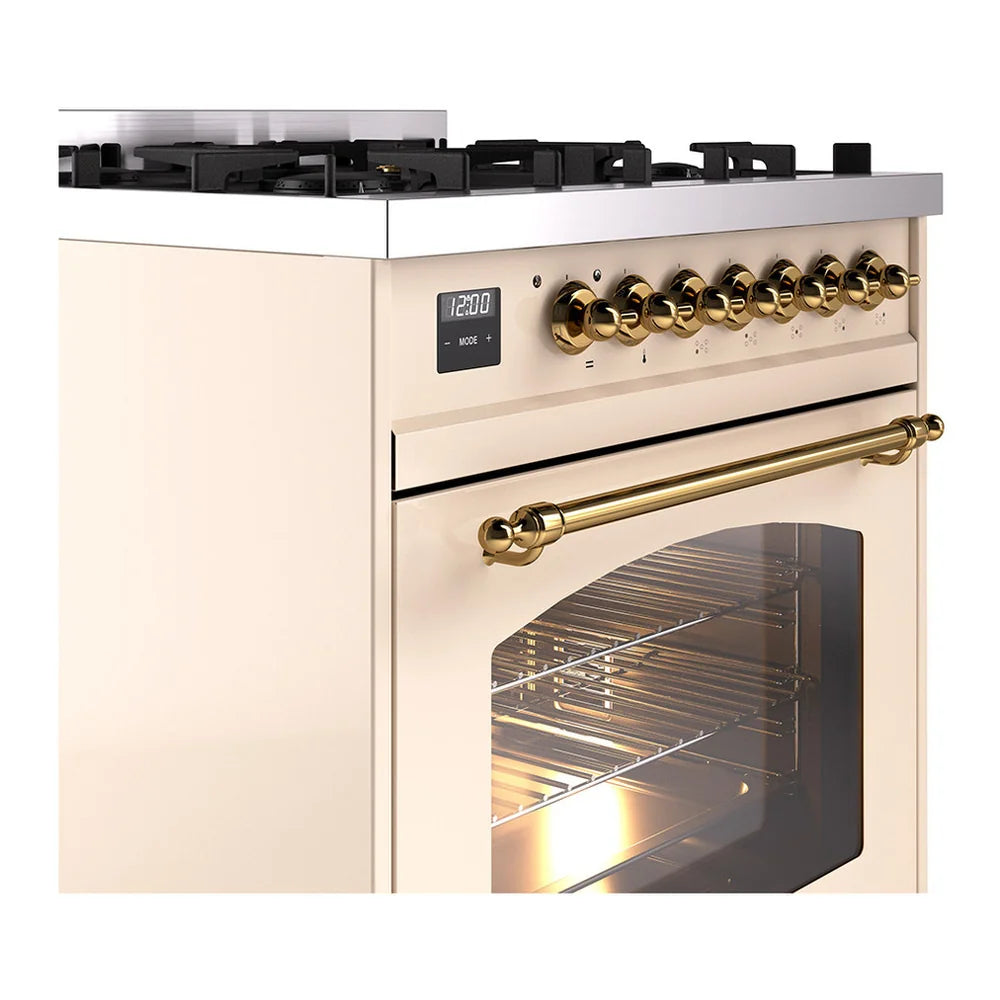 ILVE Nostalgie II 30" Dual Fuel Freestanding Range in Antique White with Brass Trim, UP30NMPAWG