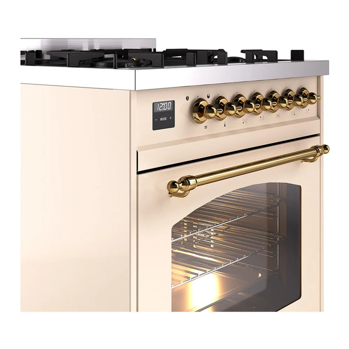 ILVE Nostalgie II 30" Dual Fuel Freestanding Range in Antique White with Brass Trim, UP30NMPAWG