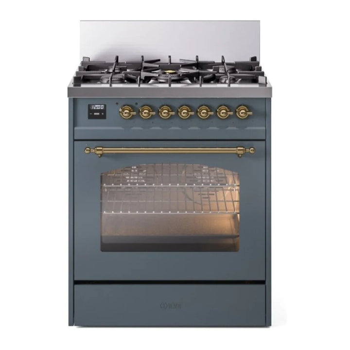 ILVE Nostalgie II 30" Dual Fuel Freestanding Range in Blue Grey with Brass Trim, UP30NMPBGG