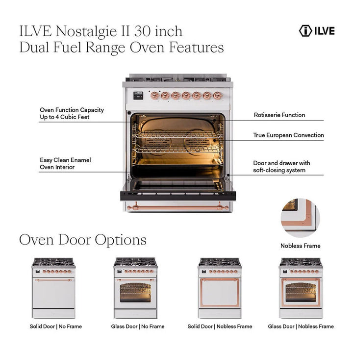 ILVE Nostalgie II 30" Dual Fuel Freestanding Range in Blue Grey with Brass Trim, UP30NMPBGG