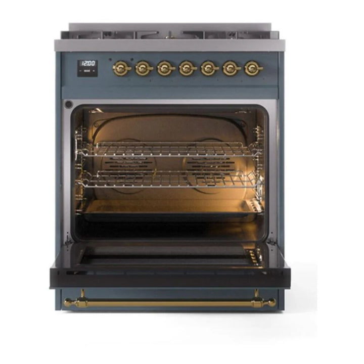 ILVE Nostalgie II 30" Dual Fuel Freestanding Range in Blue Grey with Brass Trim, UP30NMPBGG