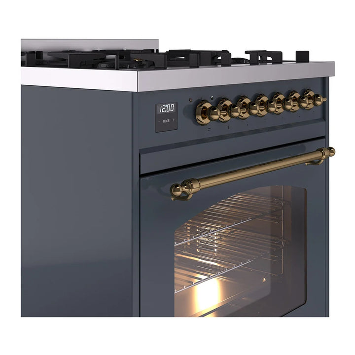 ILVE Nostalgie II 30" Dual Fuel Freestanding Range in Blue Grey with Brass Trim, UP30NMPBGG
