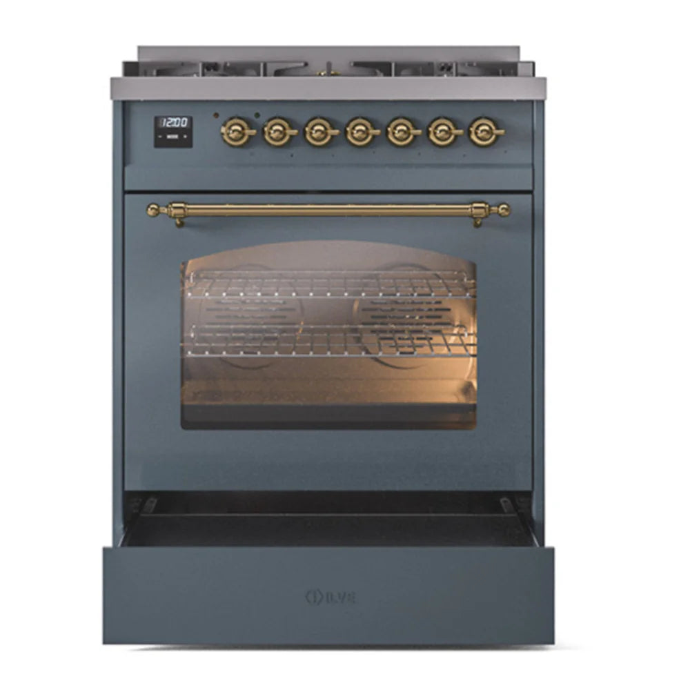 ILVE Nostalgie II 30" Dual Fuel Freestanding Range in Blue Grey with Brass Trim, UP30NMPBGG