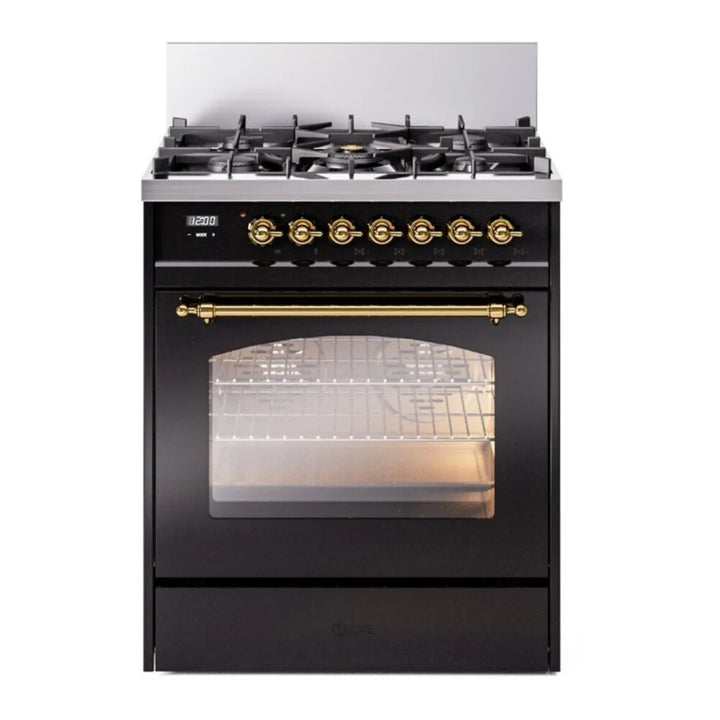ILVE Nostalgie II 30" Dual Fuel Freestanding Range in Glossy Black with Brass Trim, UP30NMPBKG