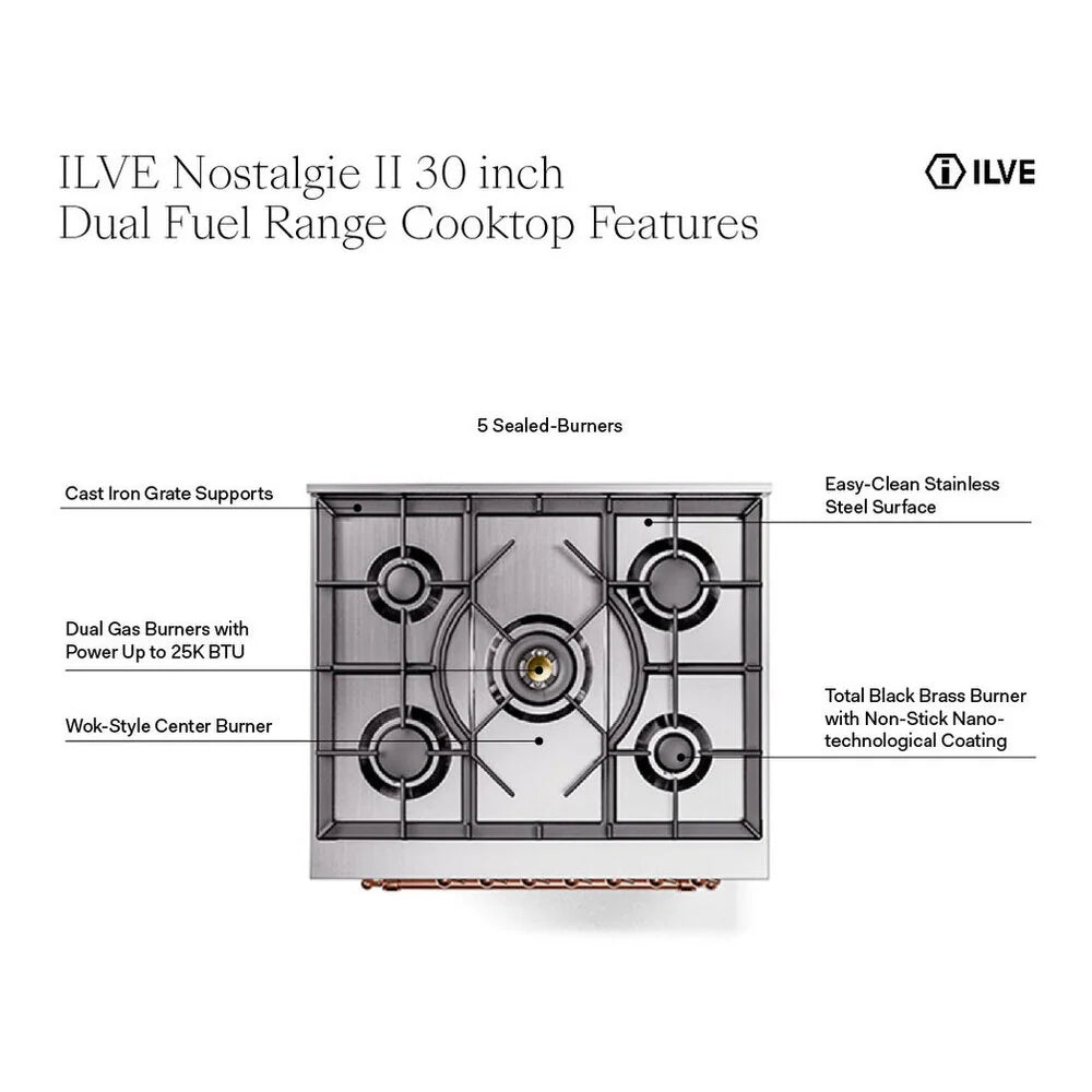 ILVE Nostalgie II 30" Dual Fuel Freestanding Range in Glossy Black with Brass Trim, UP30NMPBKG