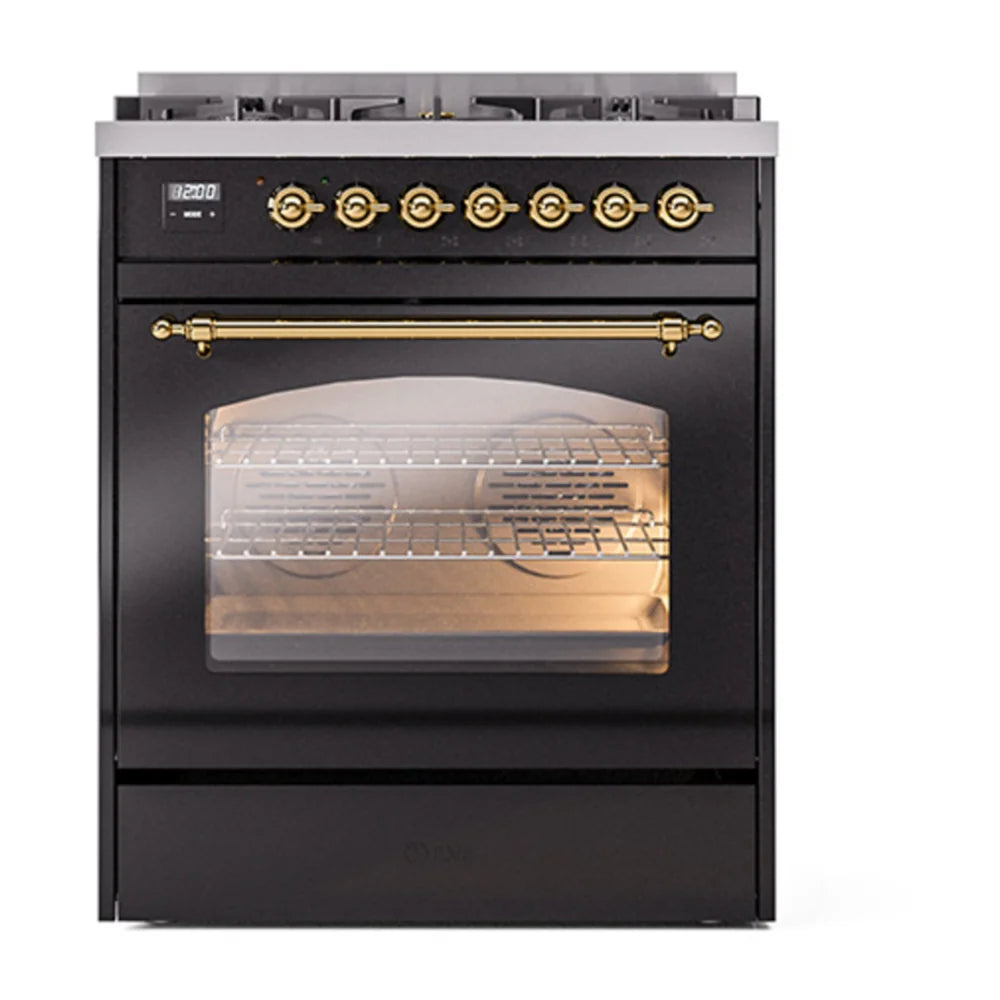 ILVE Nostalgie II 30" Dual Fuel Freestanding Range in Glossy Black with Brass Trim, UP30NMPBKG