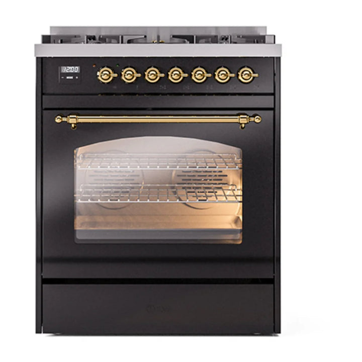 ILVE Nostalgie II 30" Dual Fuel Freestanding Range in Glossy Black with Brass Trim, UP30NMPBKG