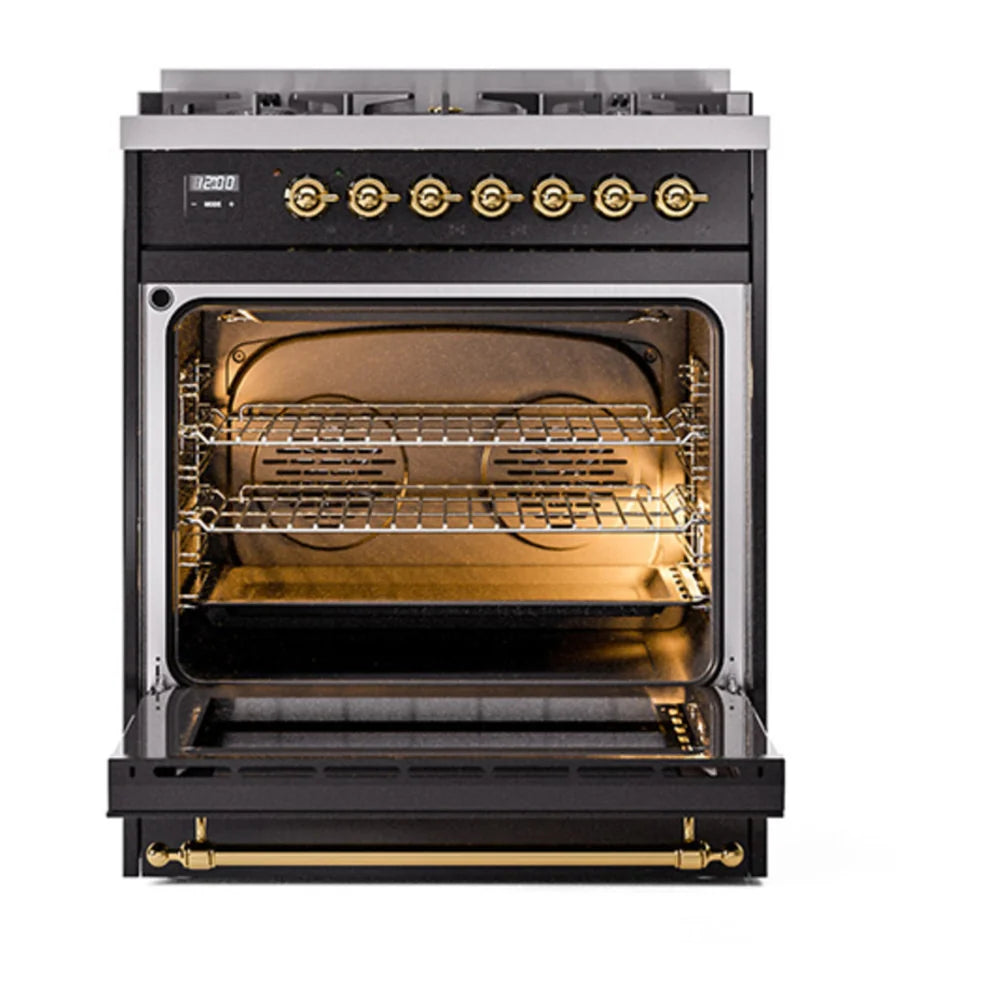 ILVE Nostalgie II 30" Dual Fuel Freestanding Range in Glossy Black with Brass Trim, UP30NMPBKG
