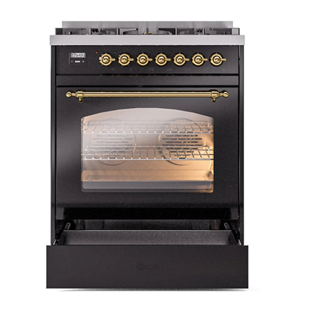 ILVE Nostalgie II 30" Dual Fuel Freestanding Range in Glossy Black with Brass Trim, UP30NMPBKG