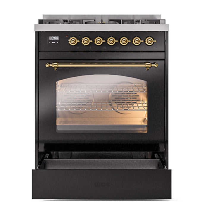 ILVE Nostalgie II 30" Dual Fuel Freestanding Range in Glossy Black with Brass Trim, UP30NMPBKG