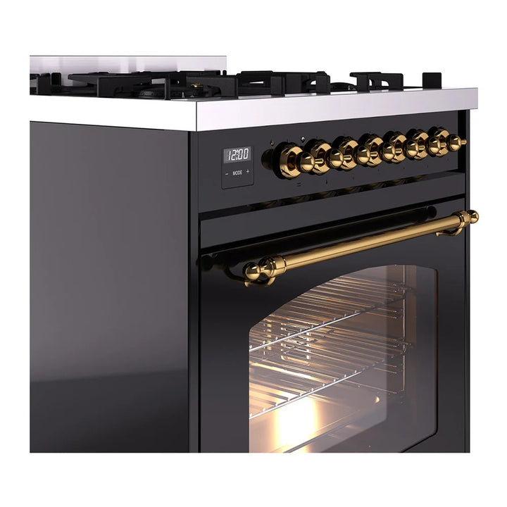 ILVE Nostalgie II 30" Dual Fuel Freestanding Range in Glossy Black with Brass Trim, UP30NMPBKG