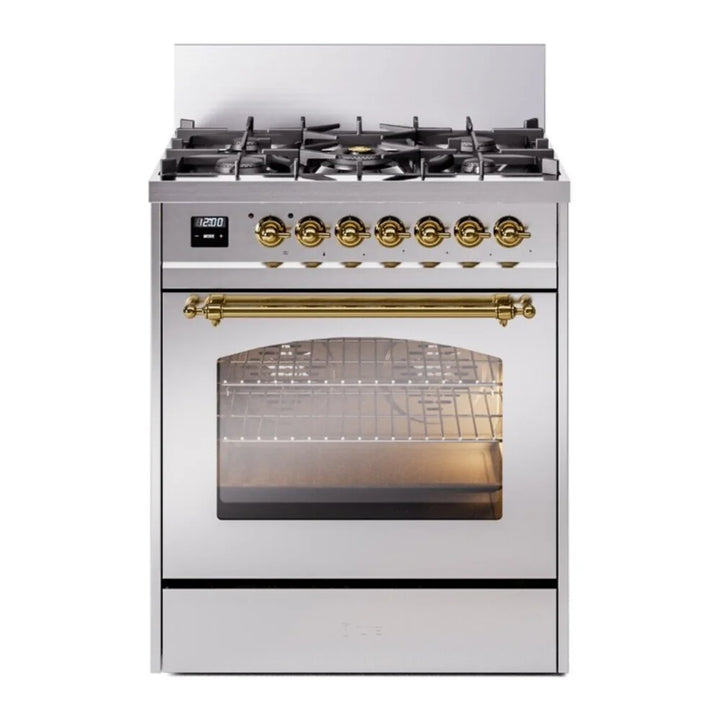 ILVE Nostalgie II 30" Dual Fuel Freestanding Range in Stainless Steel with Brass Trim, UP30NMPSSG