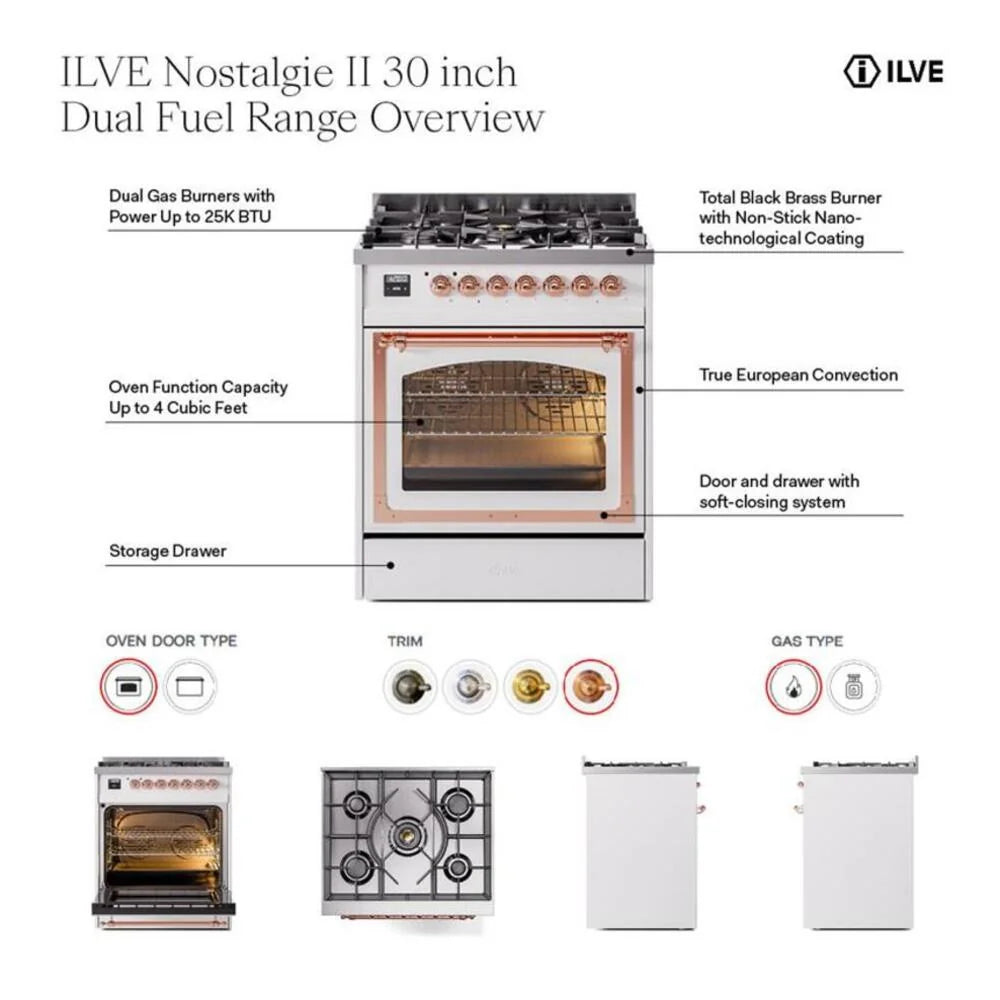 ILVE Nostalgie II 30" Dual Fuel Freestanding Range in Stainless Steel with Brass Trim, UP30NMPSSG