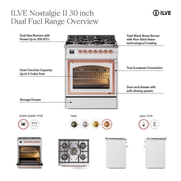 ILVE Nostalgie II 30" Dual Fuel Freestanding Range in Stainless Steel with Brass Trim, UP30NMPSSG