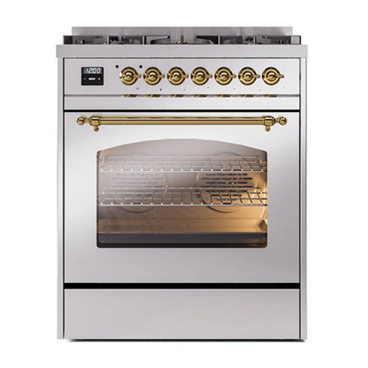ILVE Nostalgie II 30" Dual Fuel Freestanding Range in Stainless Steel with Brass Trim, UP30NMPSSG
