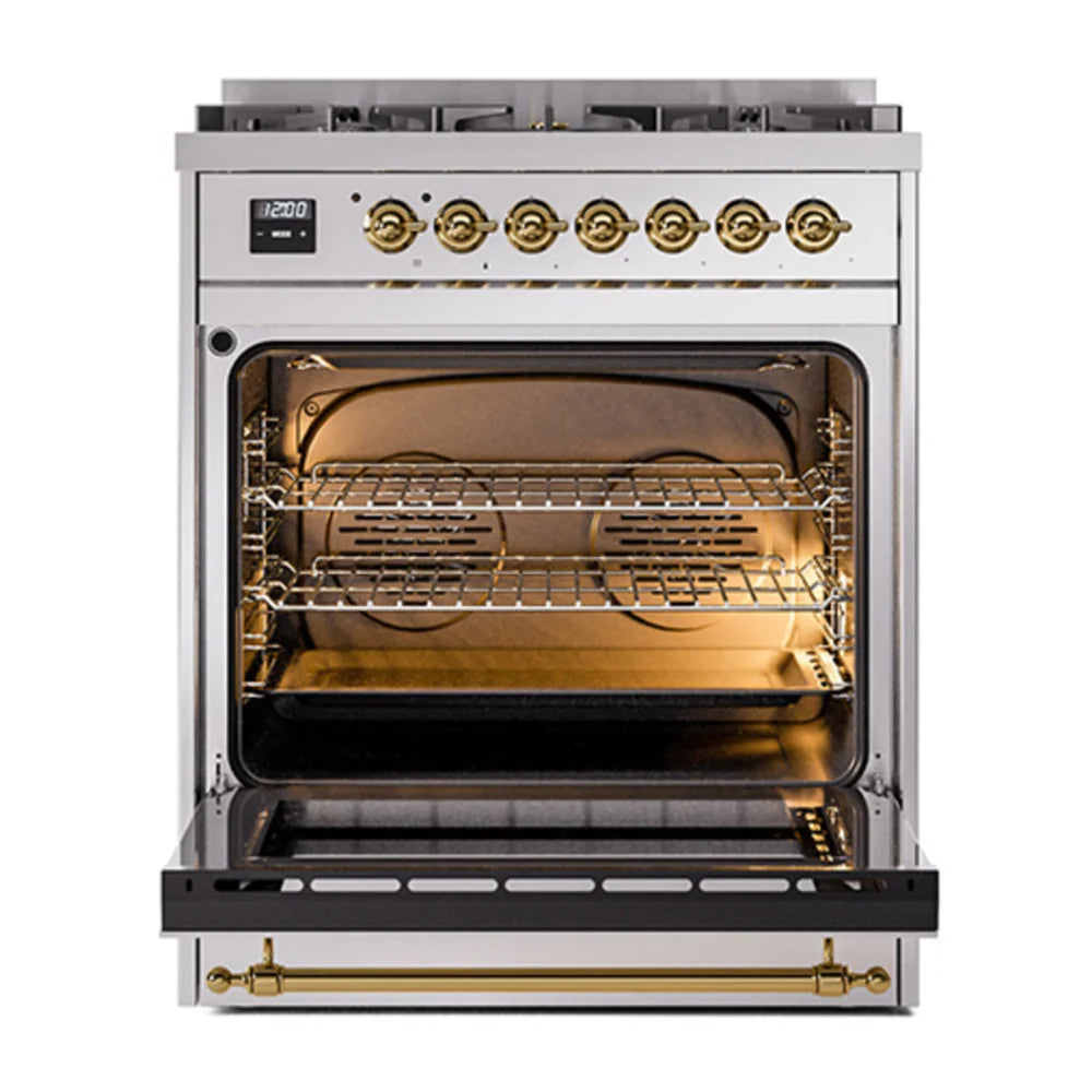 ILVE Nostalgie II 30" Dual Fuel Freestanding Range in Stainless Steel with Brass Trim, UP30NMPSSG
