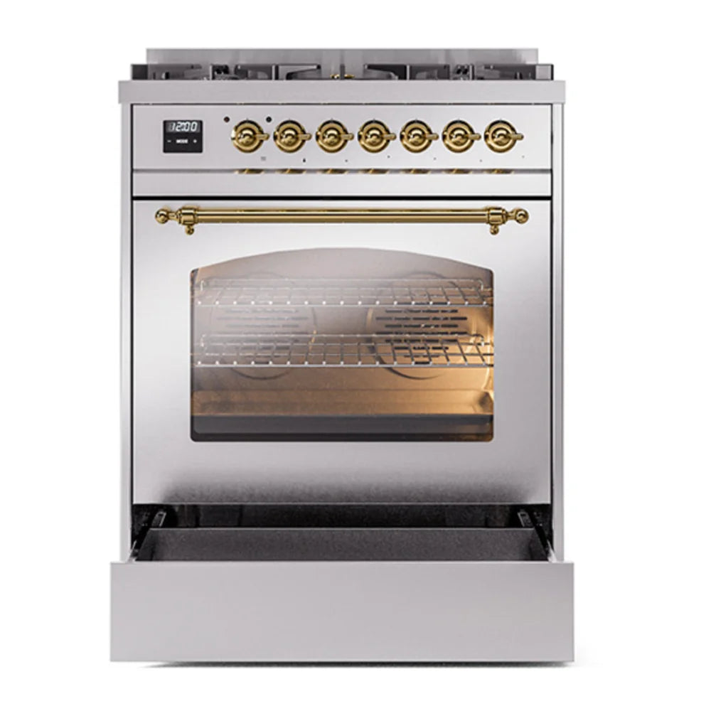 ILVE Nostalgie II 30" Dual Fuel Freestanding Range in Stainless Steel with Brass Trim, UP30NMPSSG