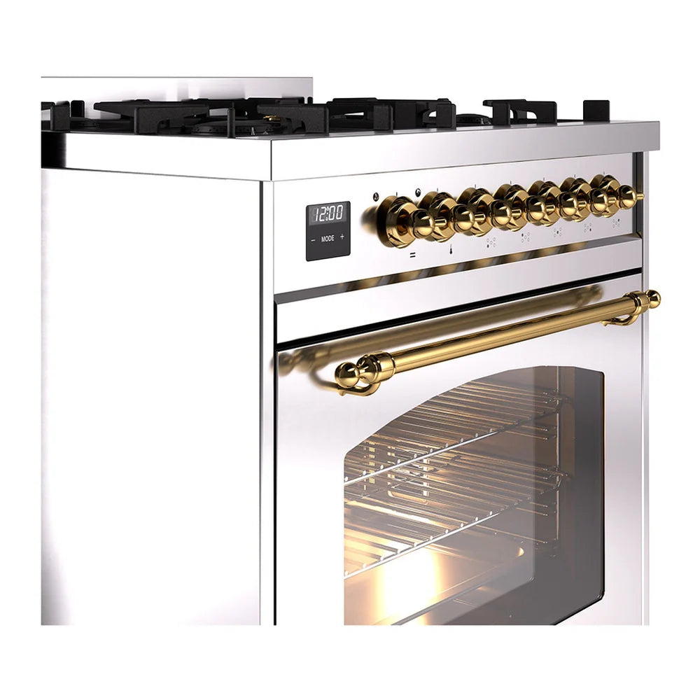 ILVE Nostalgie II 30" Dual Fuel Freestanding Range in Stainless Steel with Brass Trim, UP30NMPSSG