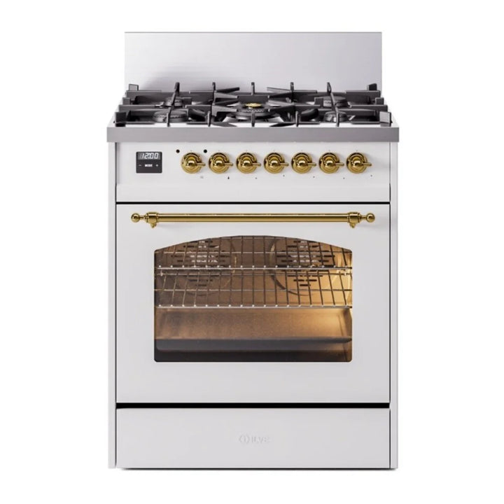 ILVE Nostalgie II 30" Dual Fuel Freestanding Range in White with Brass Trim, UP30NMPWHG